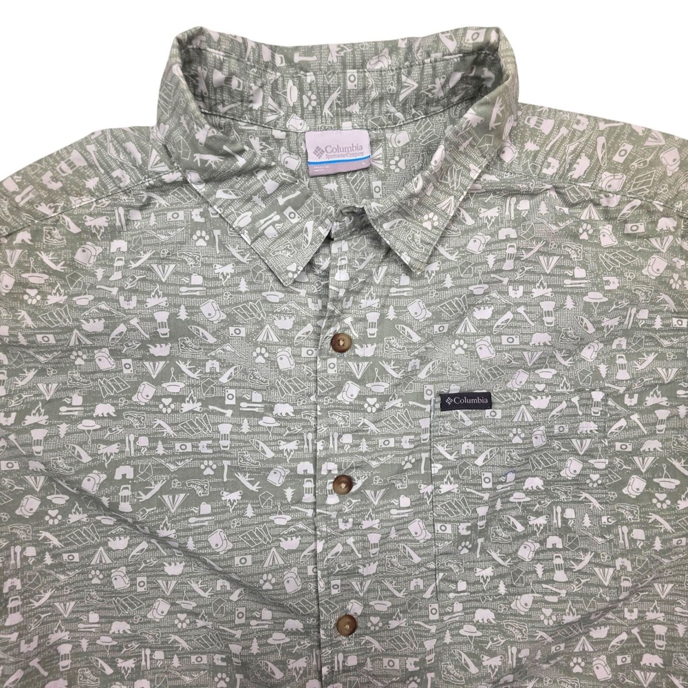 Columbia Mens Large Sage Green Camping Print Short Sleeve Button Down Shirt